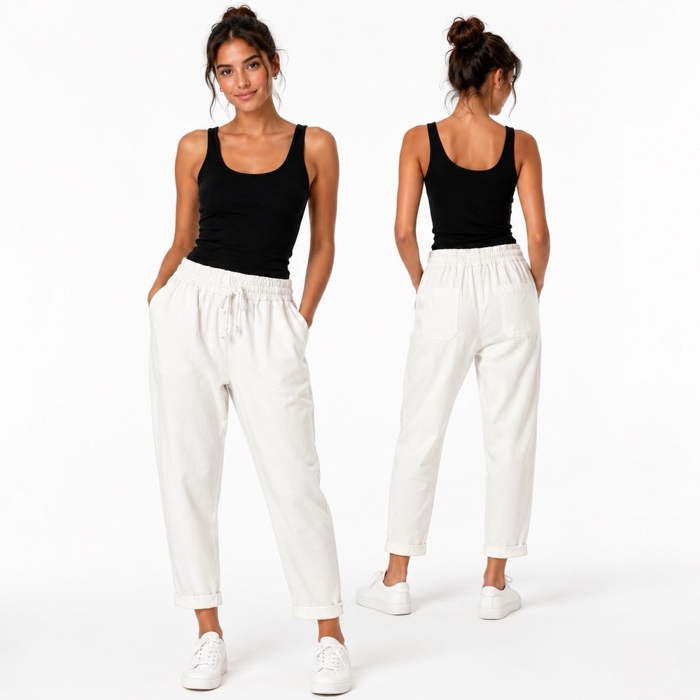 Ci Sono Women's Medium White Linen Blend Pull On Tapered Ankle Pants Drawstring